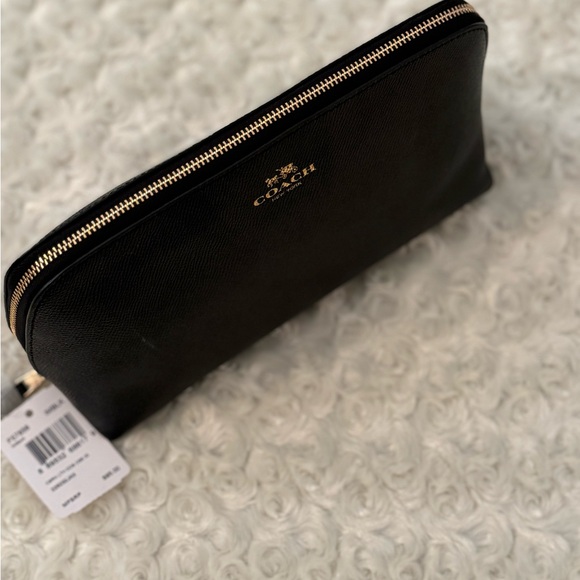 NEW Large Black Leather Cosmetic Bag Gold Zipper - Picture 2 of 11